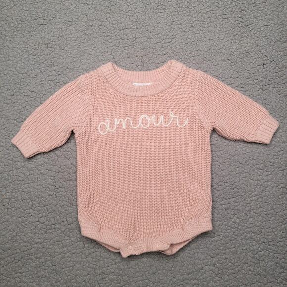 Grayson Mini One Piece 0-3M Girls Baby Pink Knit Amour Embroidered Crewneck - Picture 1 of 6